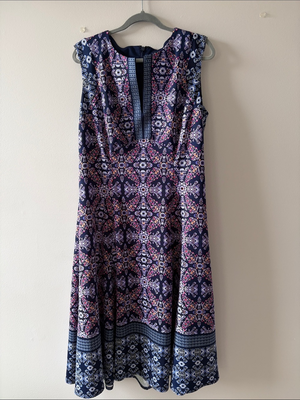 Maggy London Navy Multicolor Printed A-Line Dress